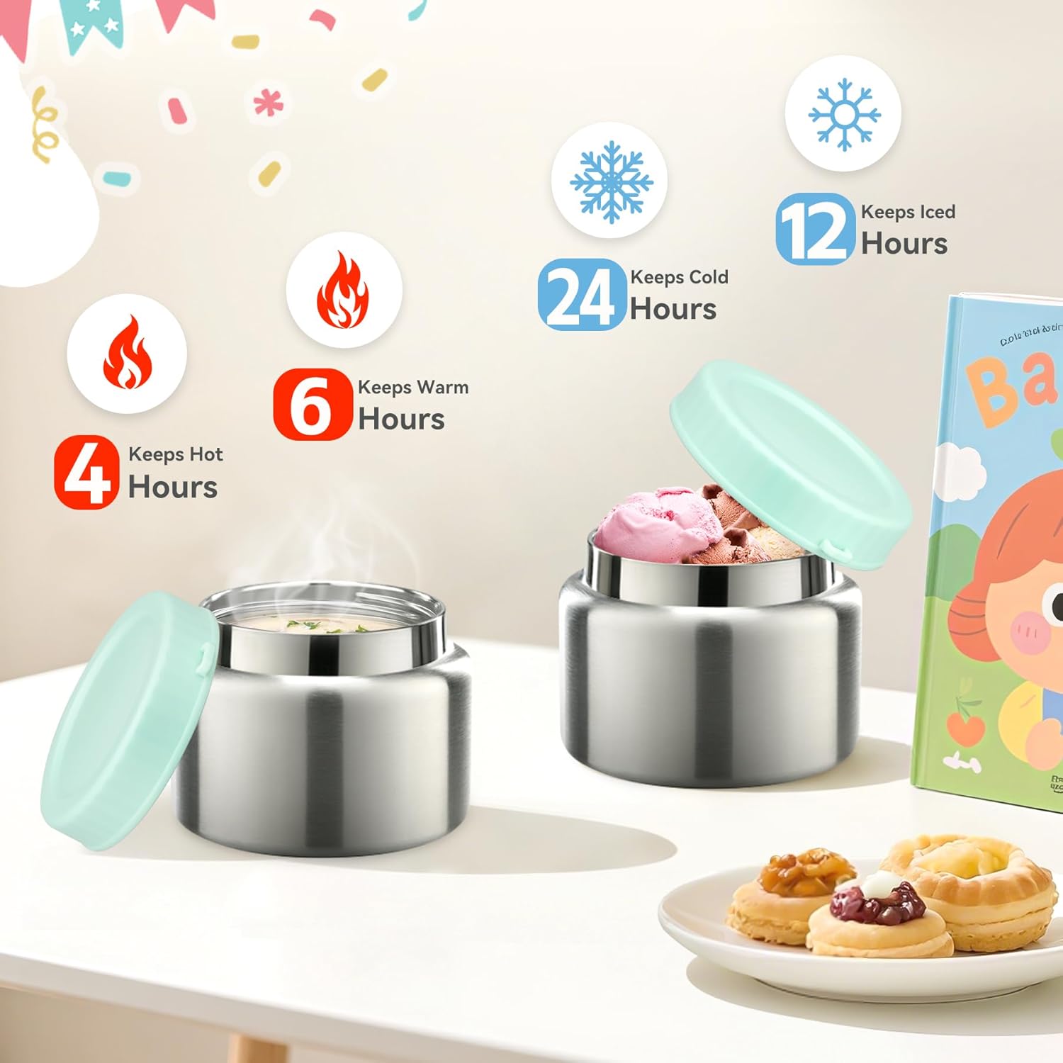 Aimsnk Kids Lunch Box Set -12oz Insulated Food Jar, Thermal Bag,Leakproof Lunch Food Containers Cutlery (BPA Free)-Gift for Girls/Boys Age 3-10(Green)