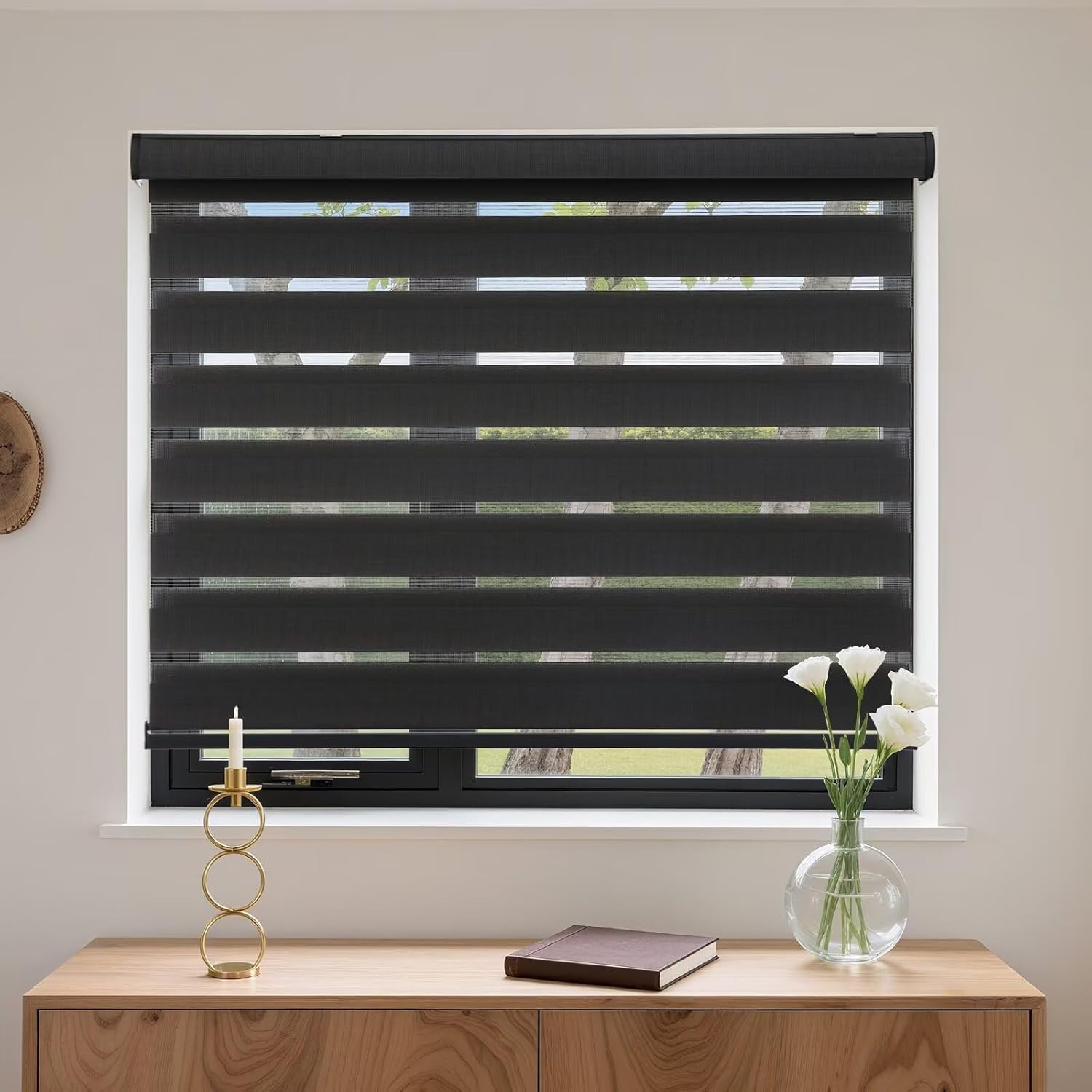 MYshade Cordless Zebra Blinds with Free-Stop Function - Dual Layer Light Filtering & Privacy Sheer Shades for Day and Night - Easy Install Window Shades for Home, Living Room, 28" W x 64" H,Black