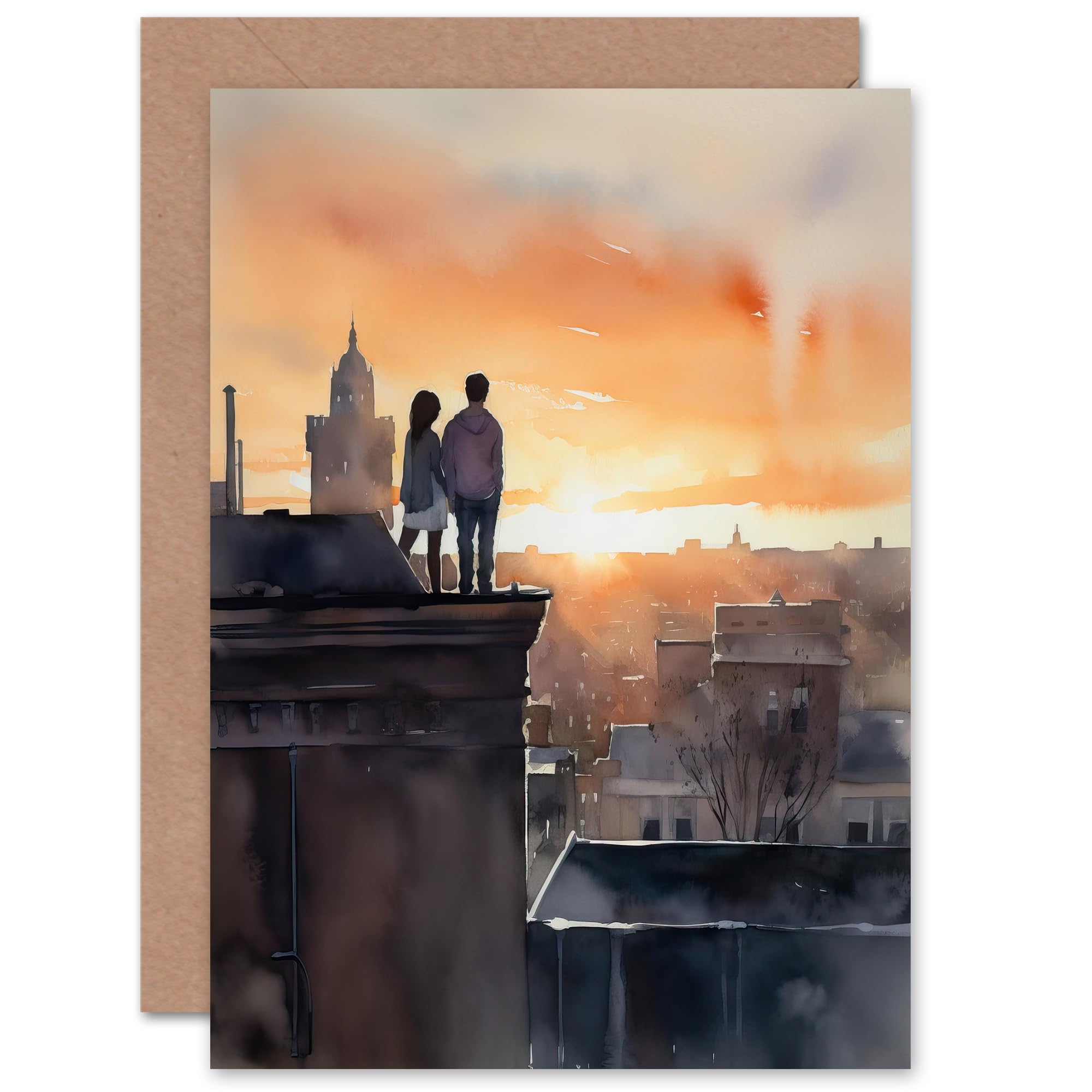 Artery8 Rooftop Romance Sunset Blue for Wife Her Anniversary Valentines Day Love Blank Art Greeting Card