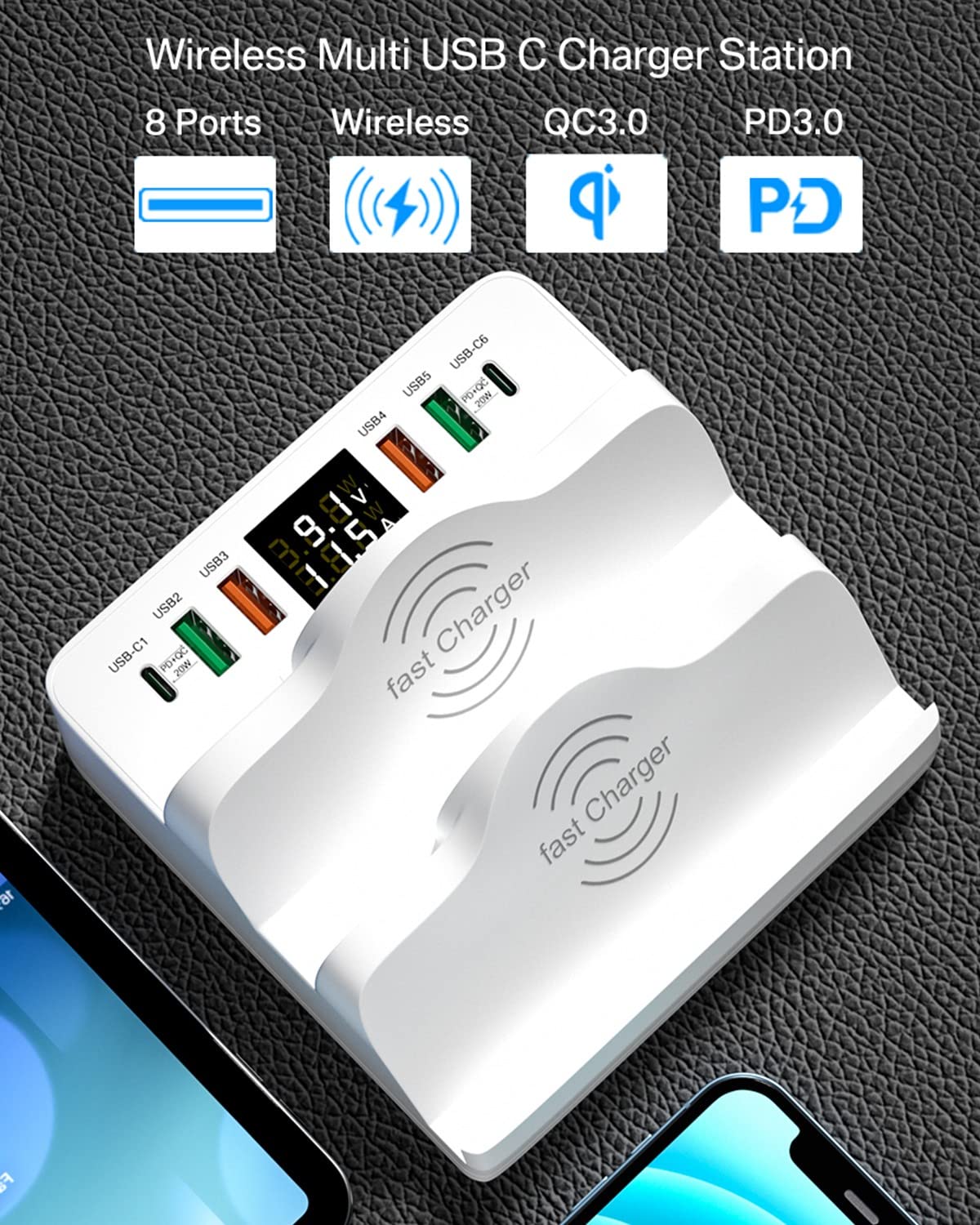 80W 6-Anschlüssen USB-Ladegerät, USB Ladestation mit PD-Schnellladegerät mit QC 3.0 USB-Anschluss, Dual Kabelloses Ladegerät, LCD-Display, USB-C-Lade-Desktop-Hub für iPhone iPad Samsung