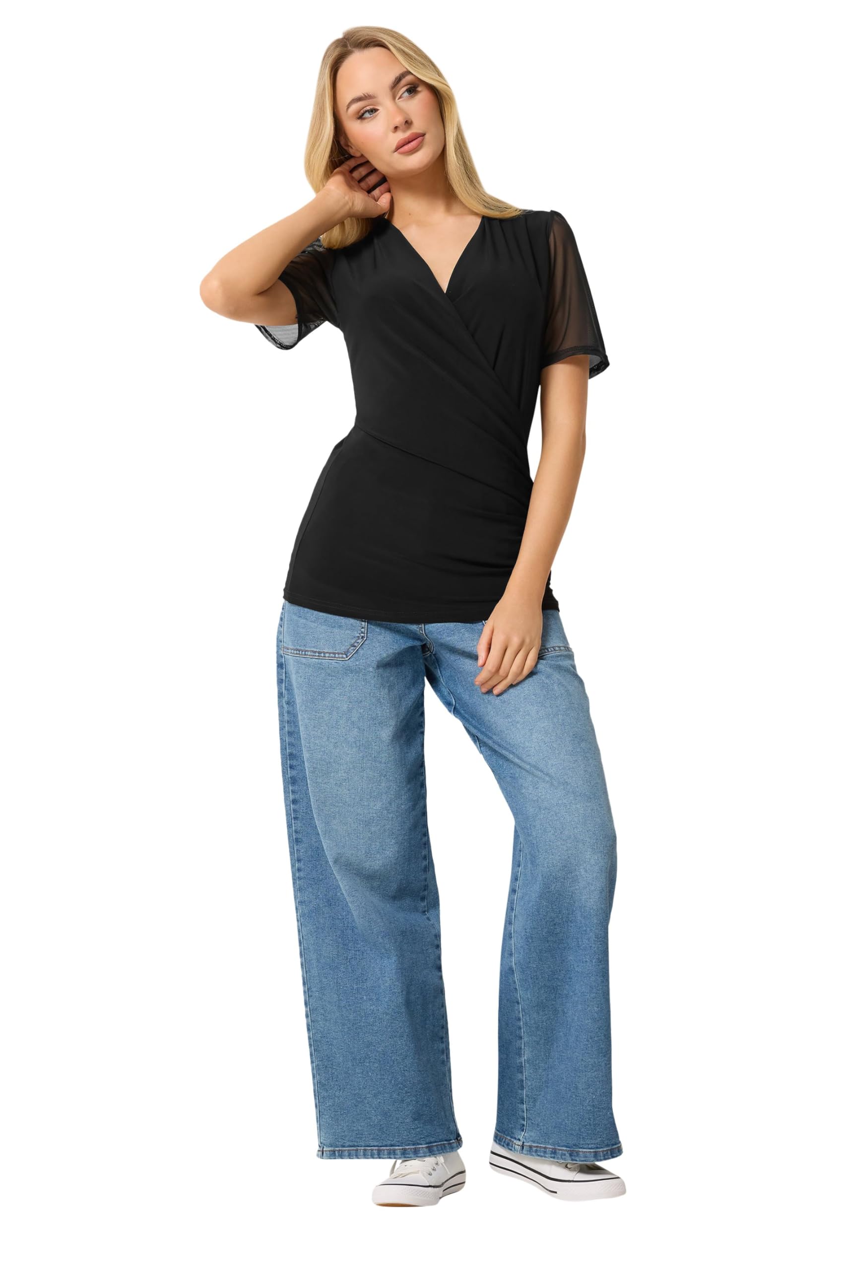 M&Co - Women's Jersey Wrap Top - Mesh Sleeve - Black - Size 12