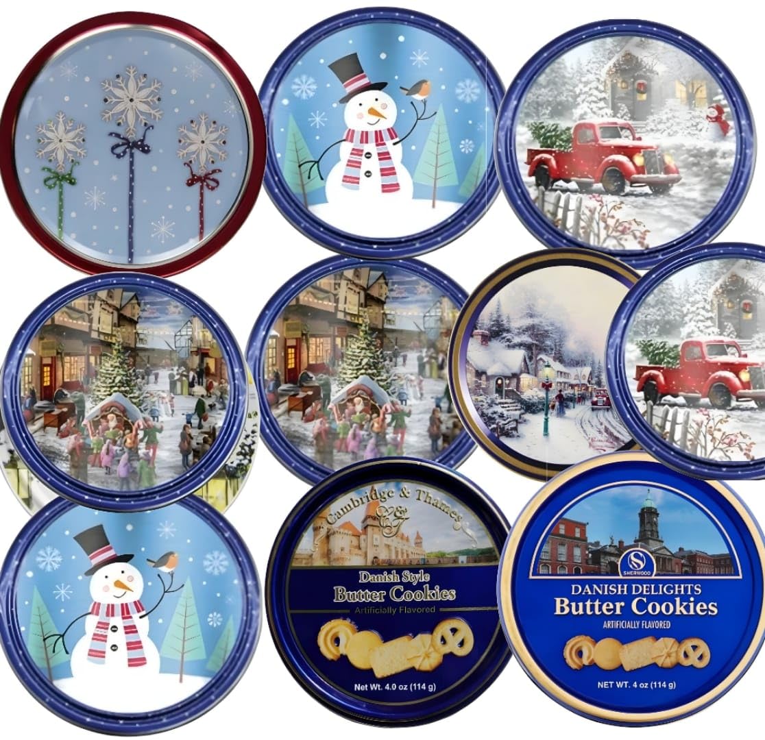 Holiday Assortment Cookies in Decorative Tin; Chocolate Varieties; Perfect Holiday Gift (Danish Butter Cookie Selection, 4oz Tin/ 10 pack)