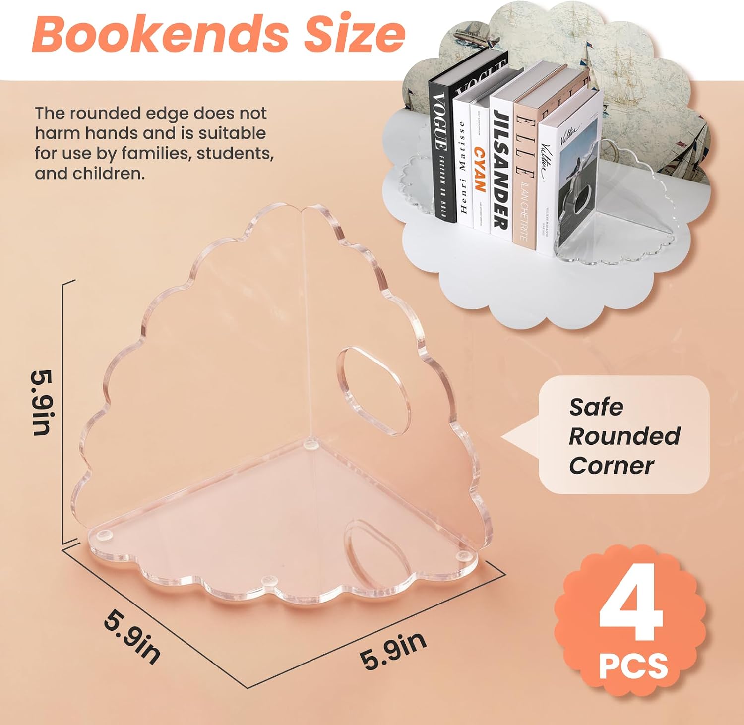 Scalloped Acrylic Bookends 4 Pack, Heavy Duty Clear Book Holder Stands with Non-Slip Pads for Large Books, Files, CDs & Games, Modern Shelf & Office Organizer