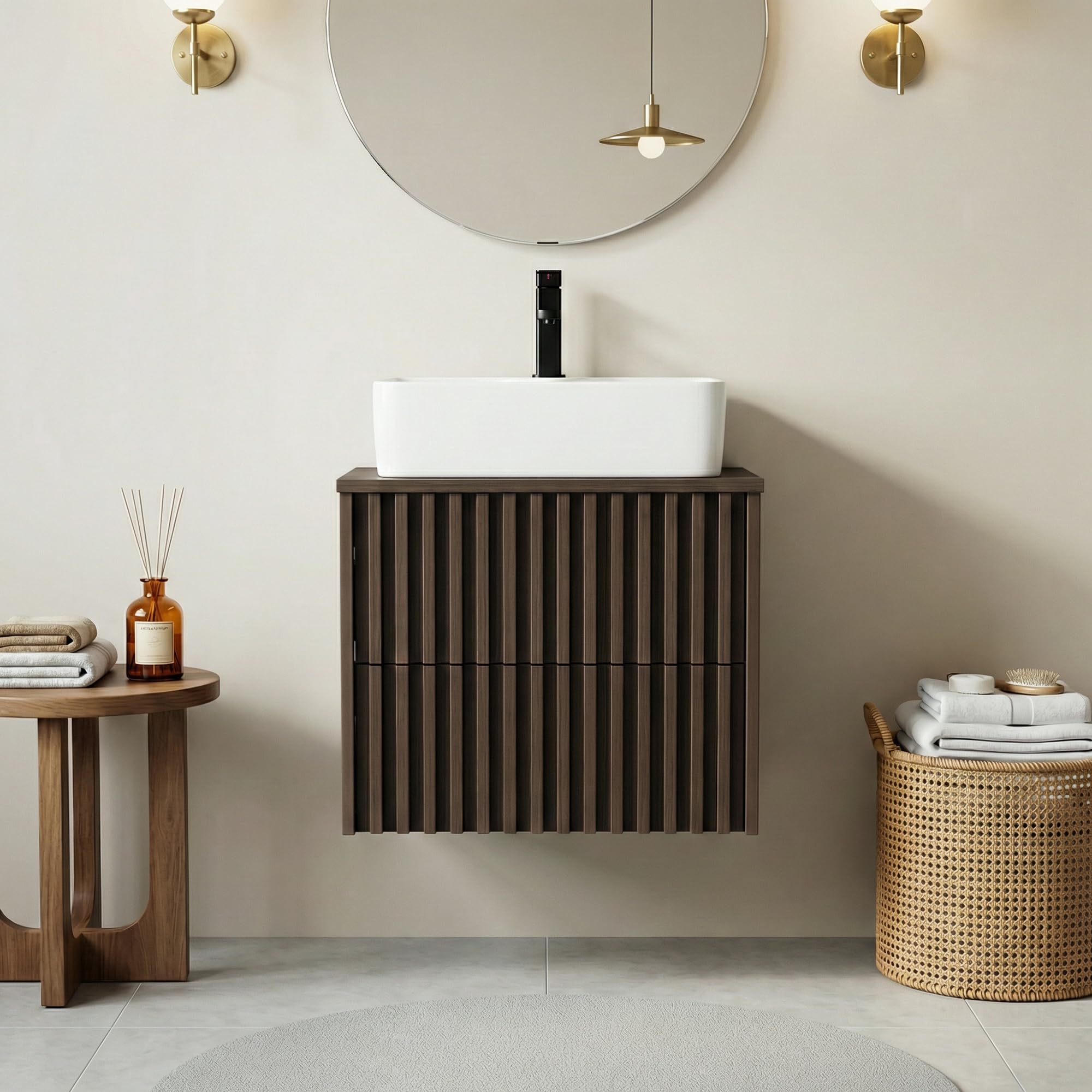 UEV Waschbeckenunterschrank für Gäste-WC/kleines Bad, Waschtisch kleine 61cm, Badschrank, Badezimmerschrank, Waschtischunterschrank hängend, Waschplatz ausreichend Stauraum Platzsparender Dunkelbraun