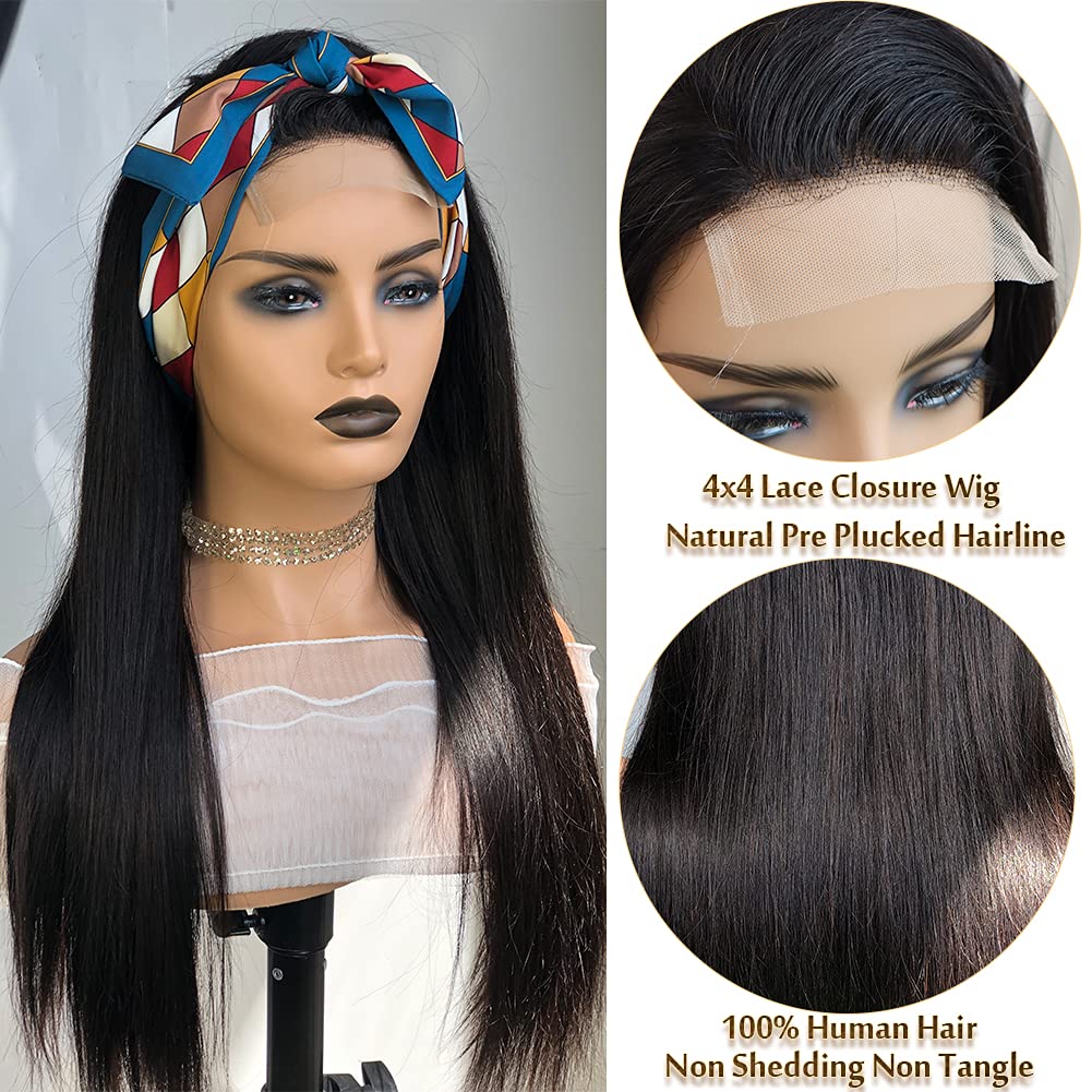 4x4 Lace Closure Wigs Human Hair Pre Plucked 180％ Density Glueless Straight 12A Brazilian Virgin Hair Lace Front Wigs For Black Women Natural Black Wig With Baby Hair 26inch