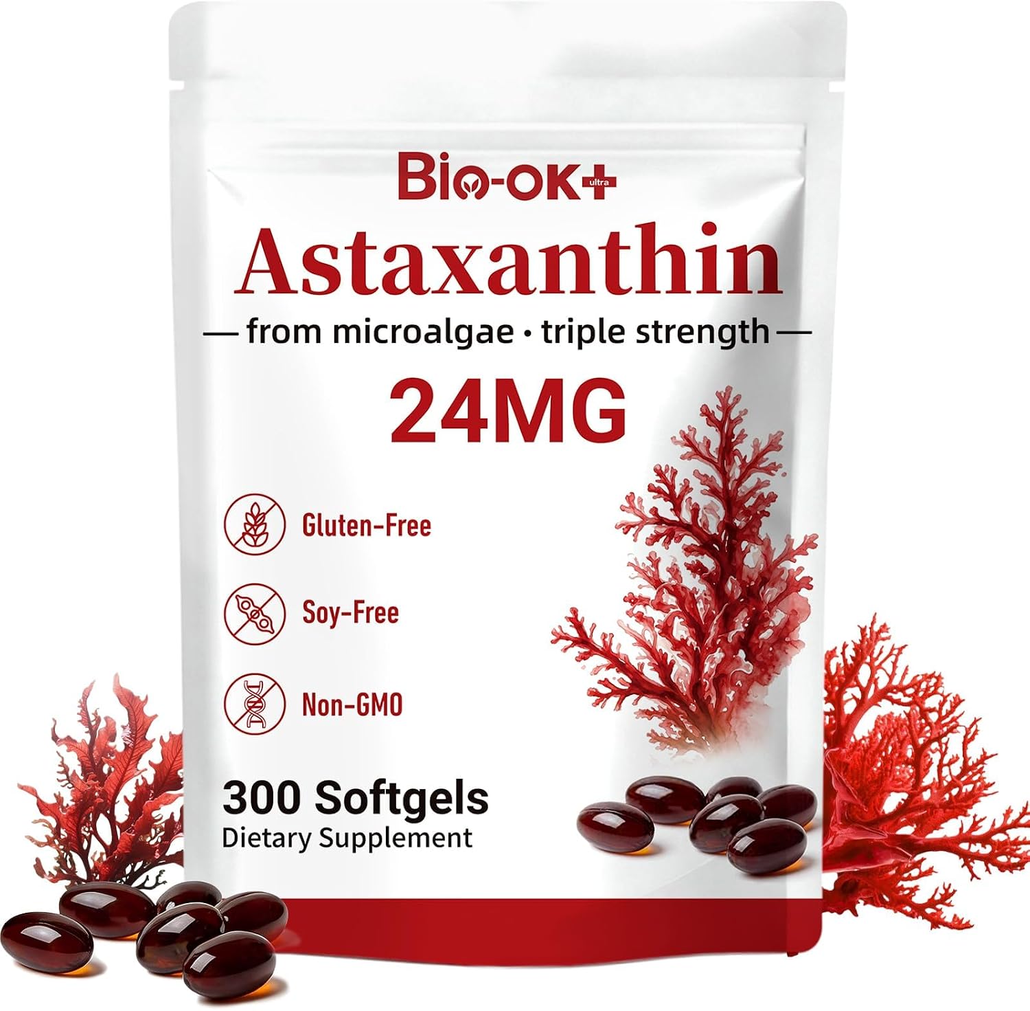 Astaxanthin Antioxidant Supplements 24mg with MCT Oil, Potent Astaxanthin with Ashawagandha, Support Eye, Skin, Immune Function, Fresh Microalgae Source, Triple Strength, 300 Softgels