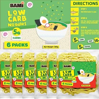Low Carb Noodles, High Protein 6 x 59g Packs High Fibre, Keto Ramen. Cook Stir fry, Ramen or low carb pasta. Made with Vital wheat gluten flour, so more al-dente than konjac & shirataki noodles.