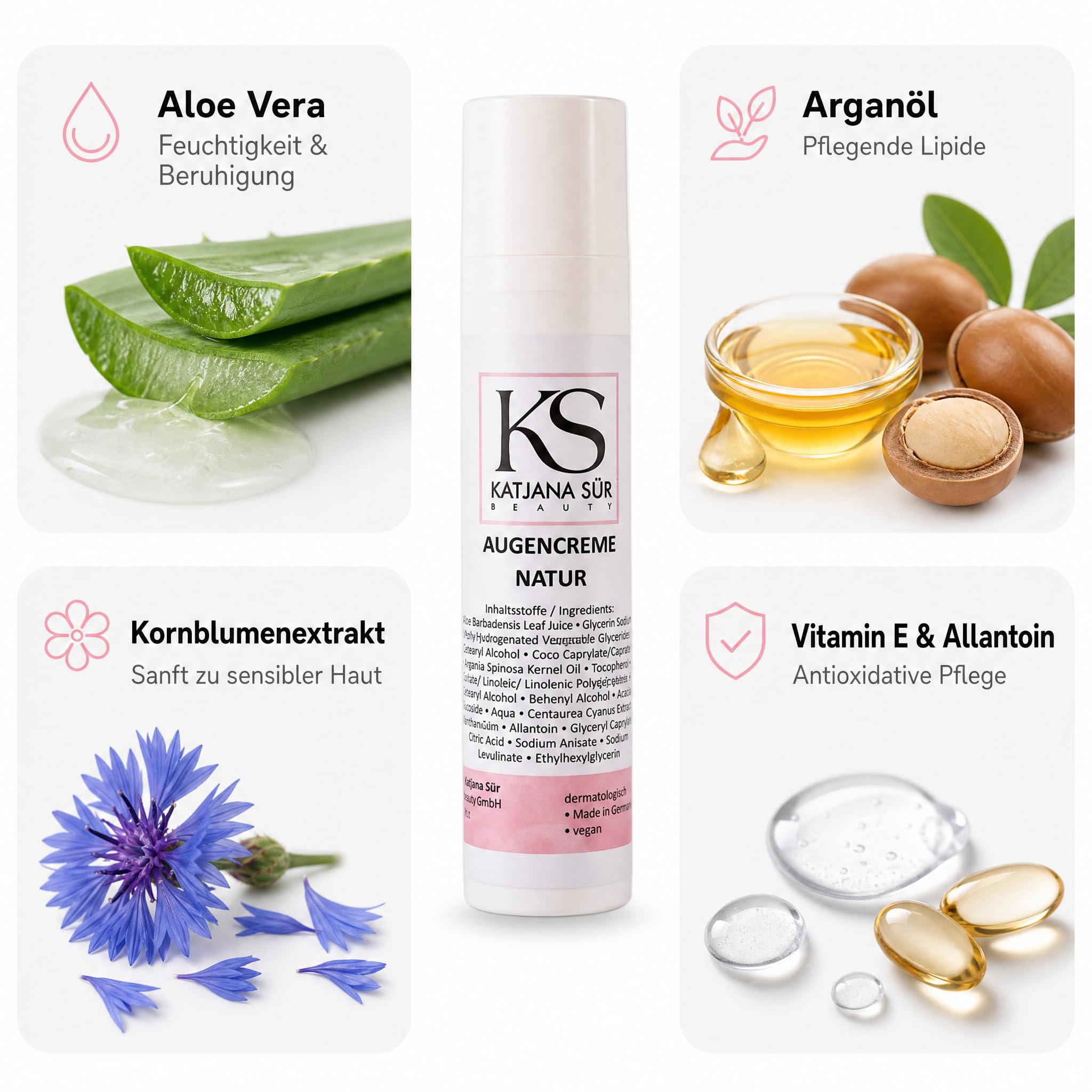 KS Beauty Augencreme Natur – Augenpflege mit Aloe Vera, Arganöl, Kornblumenextrakt, Glycerin & Vitamin E (100 ml)