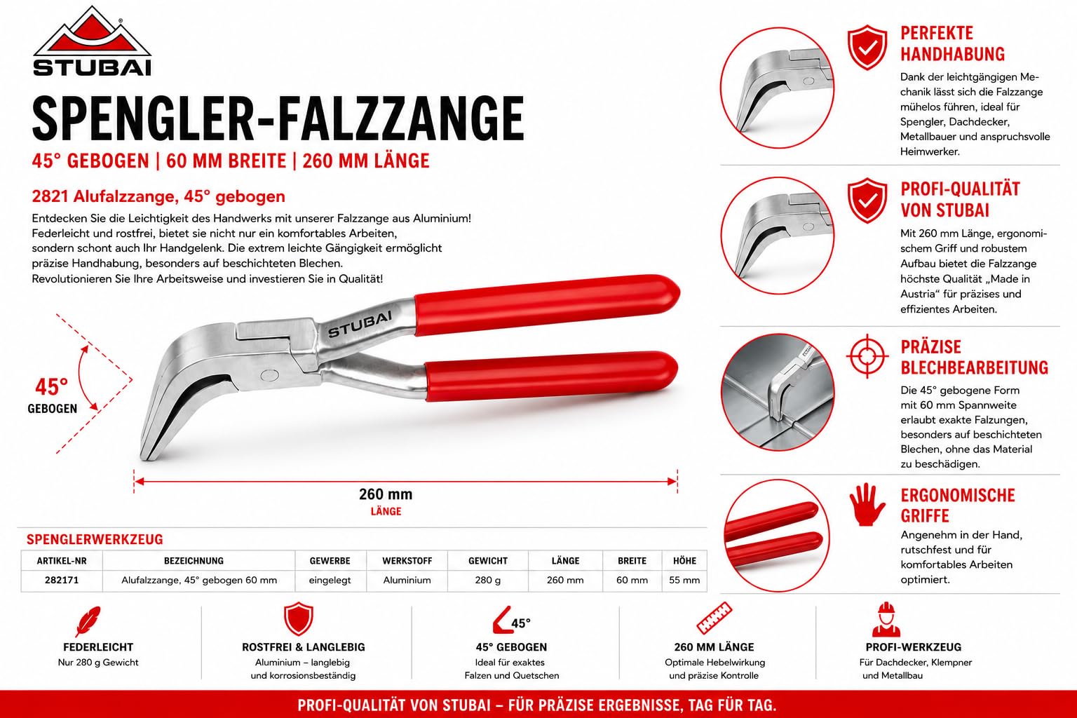STUBAI szczypce składane do spenglera, lekko wygięte aluminium, szerokość szczęk 60 mm, długość 260 mm
