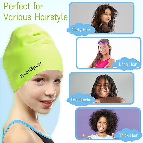 Miniatura 5 de EverSport Gorro de natación grande para niñas de 6 a 14 años, gorra de natación de silicona de pelo largo para trenzas que mantiene el cabello seco