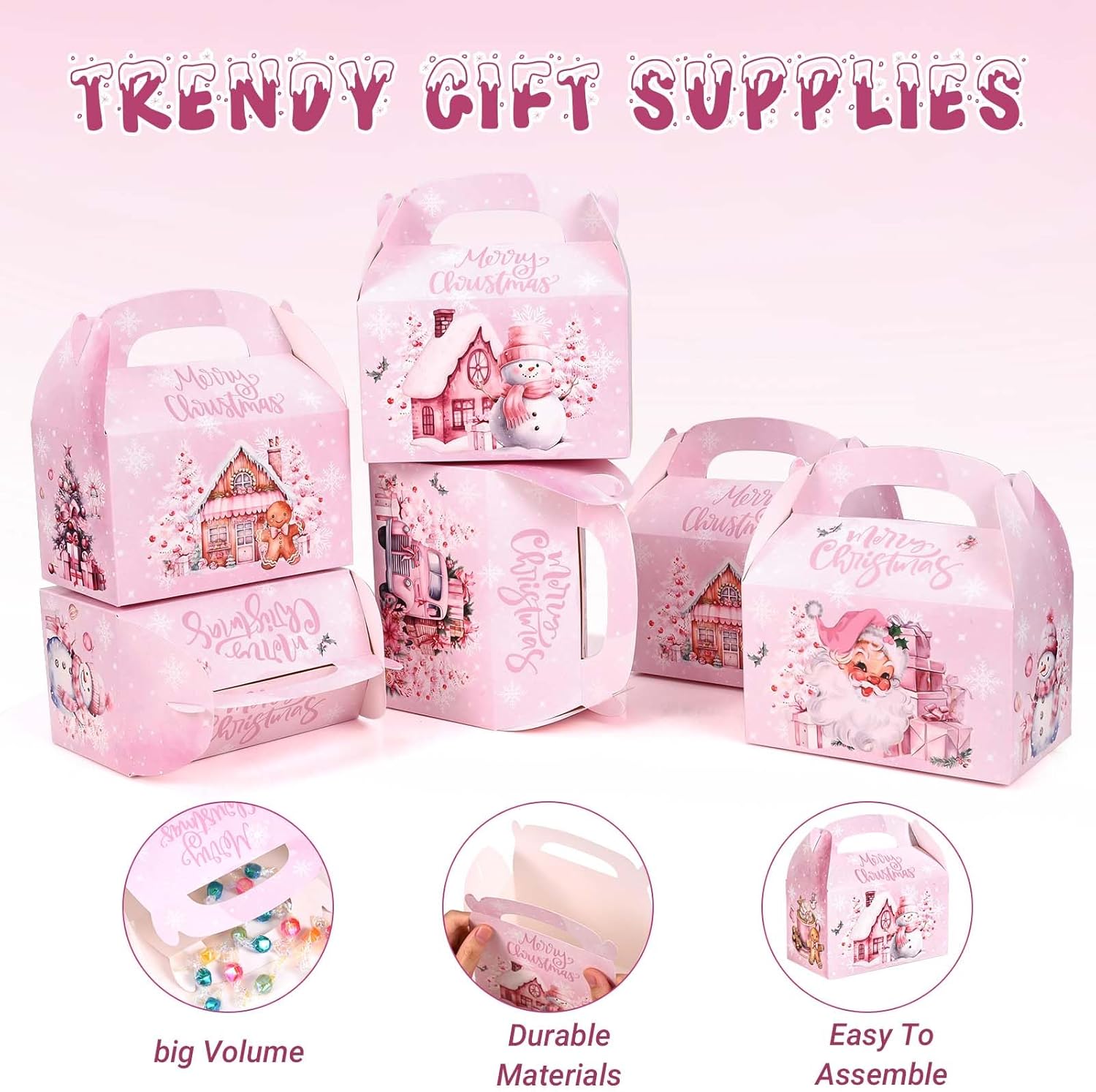 Bolsome 16Pcs Pink Christmas Treat Boxes - Santa, Snowman, Gingerbread Man, Xmas Tree, Truck Goodie Candy Boxes - Merry Christmas Party Favor Boxes for Winter Holidays Supplies - Image 3