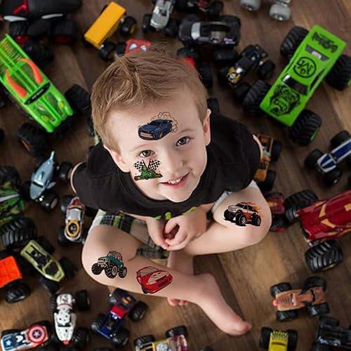 Miniatura 5 de 148 tatuajes temporales de autos de carreras y camión monstruo para niños, tatuajes individuales de automóvil GoKart para niños, regalos de fiesta