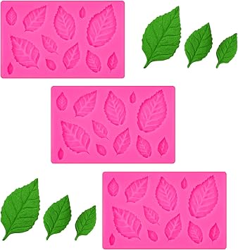 3Pcs 3D Small Leaf Molds Silicone Rose Flower Leaf Fondant Mold for Sugar Paste Pink Leaves Mold for Chocolate, Fondant, Butter, Crafting Projects and Cake Decoration Decorati
