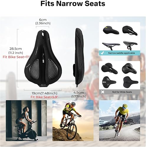 Miniatura 2 de YOUNGDO Cojín de asiento de bicicleta con funda impermeable, almohadilla de asiento de bicicleta de gel para sillín estrecho, absorción de golpes,