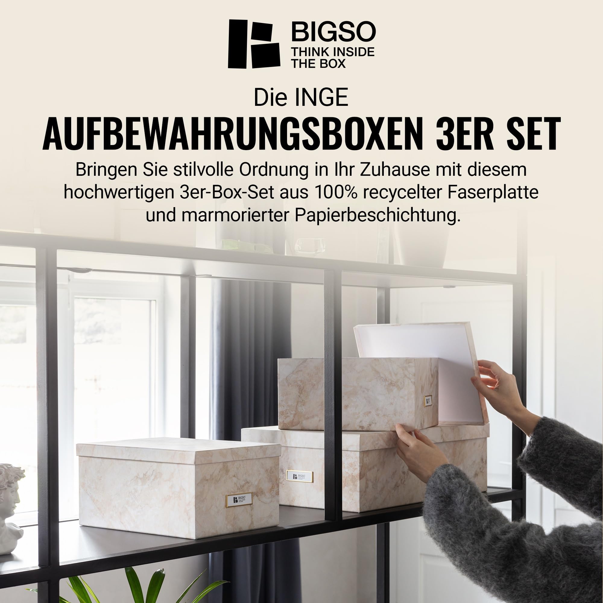 BIGSO INGE 3er-Set Aufbewahrungsboxen für das Schlaf-, Kinder-, Arbeits- oder Badezimmer – Ordnungsbox mit Deckel – Aufbewahrungskisten in Leinenoptik – beige