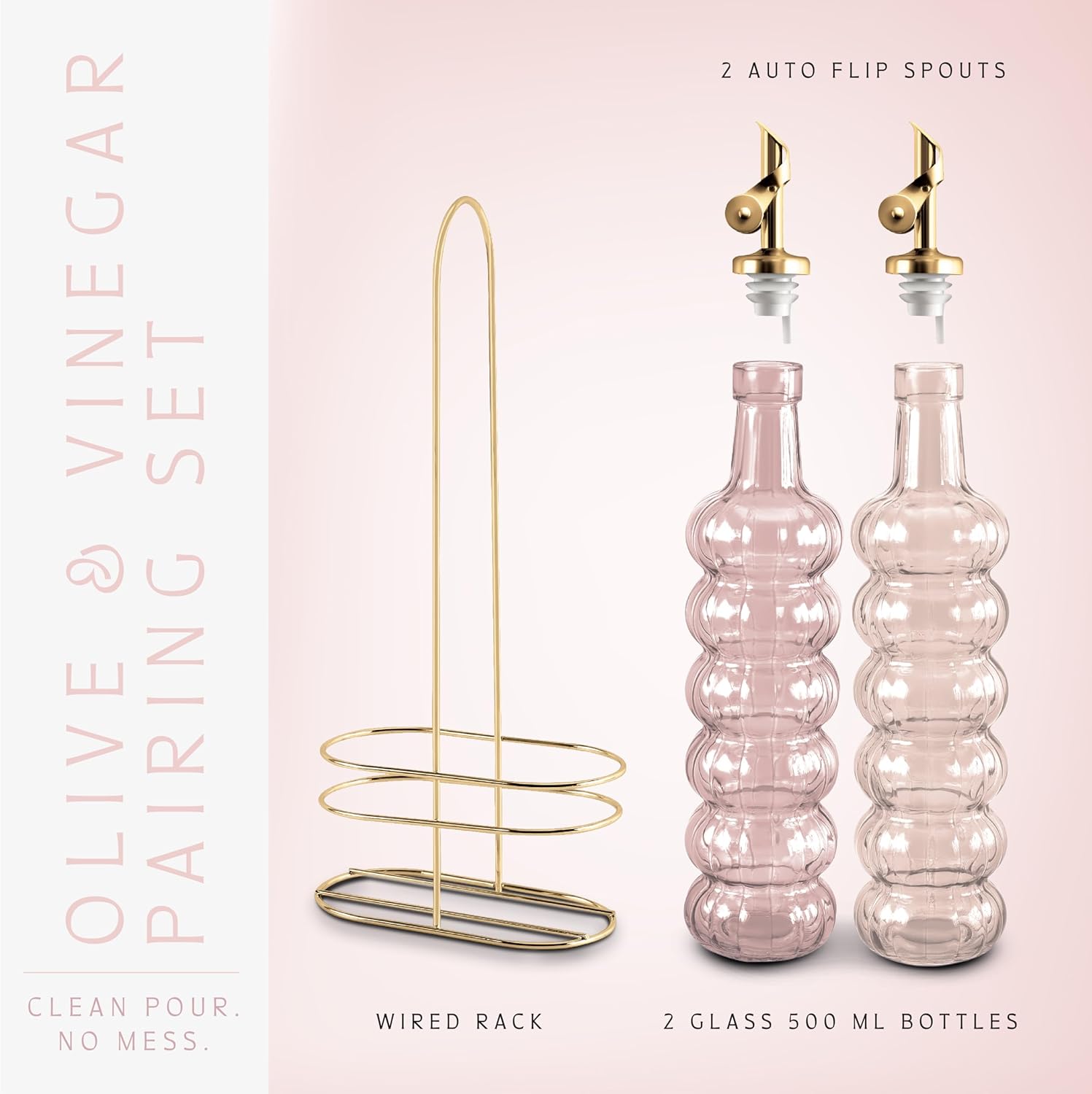 COOK WITH COLOR Glass Olive Oil Bottle Dispenser - 2 Pack- 17oz Oil and Vinegar Cruet - Olive Oil Carafe Decanter for Kitchen, Elegant Waves, Pink