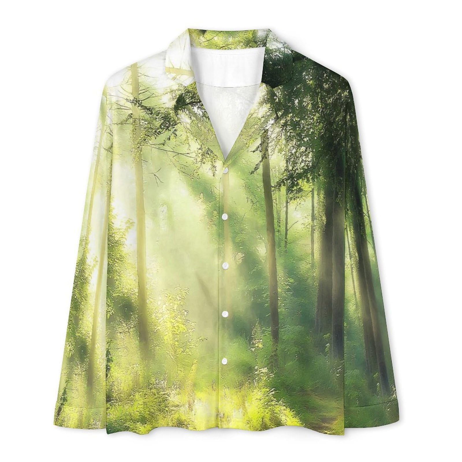 OLEETS Pigiama A Maniche Lunghe da Uomo - Foresta Verde Completo da Notte Pantaloni Caldo Invernale Comodo con Tasche Top Morbido E Ampio 2 Pezzi