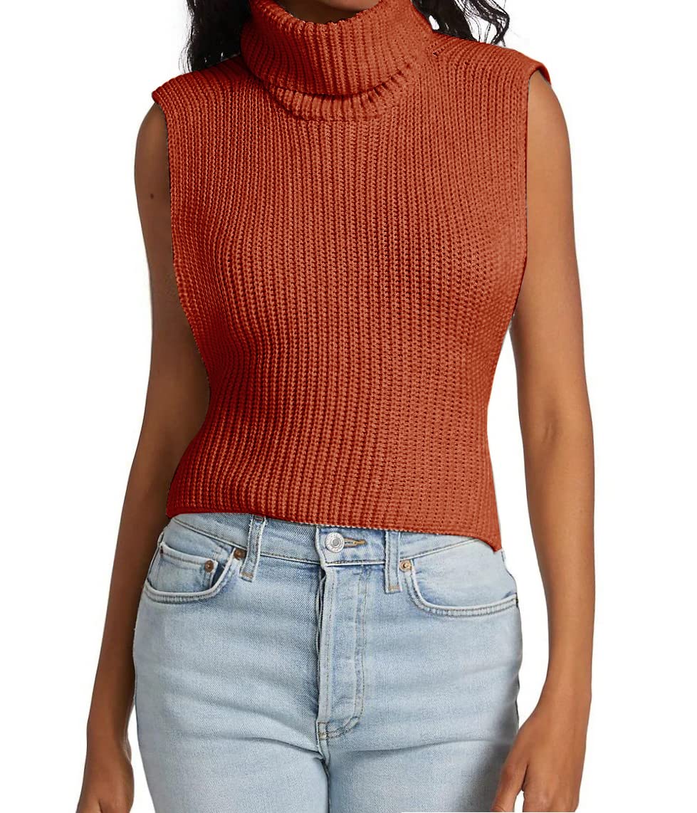 Womens Sleeveless Sweater Vest Turtleneck Ribbed Knit Tank Tops Basic Slim Fit Top