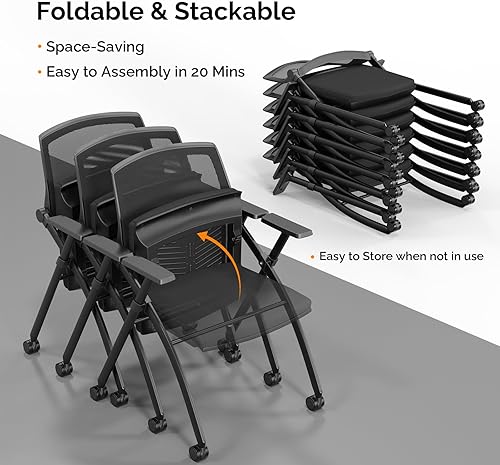 Miniatura 6 de VINGLI 1 paquete de sillas apilables para sala de conferencias con ruedas, silla de oficina plegable con respaldo de rebote, asiento acolchado para