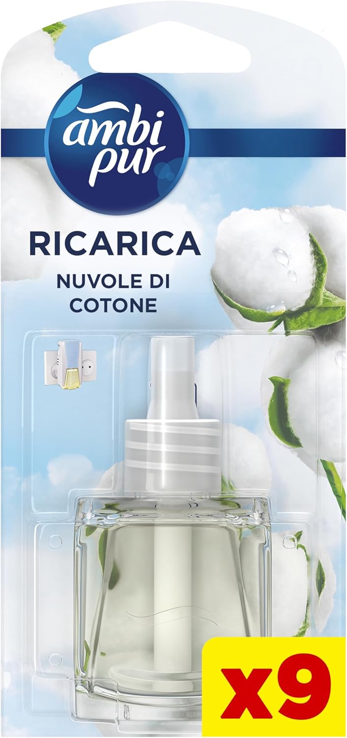 Ambi Pur Clouds Ricarica Diffusore Elettrico per Ambienti in Cotone, 9 x 20 ml, per Eliminare gli Odori