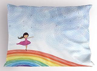 Ambesonne Ballerina Pillow Sham, Graphic Illustration Drawing of Lady Dancing Freely on a Rainbow with Music Notes, Decorative Standard Size Printed Pillowcase, 26