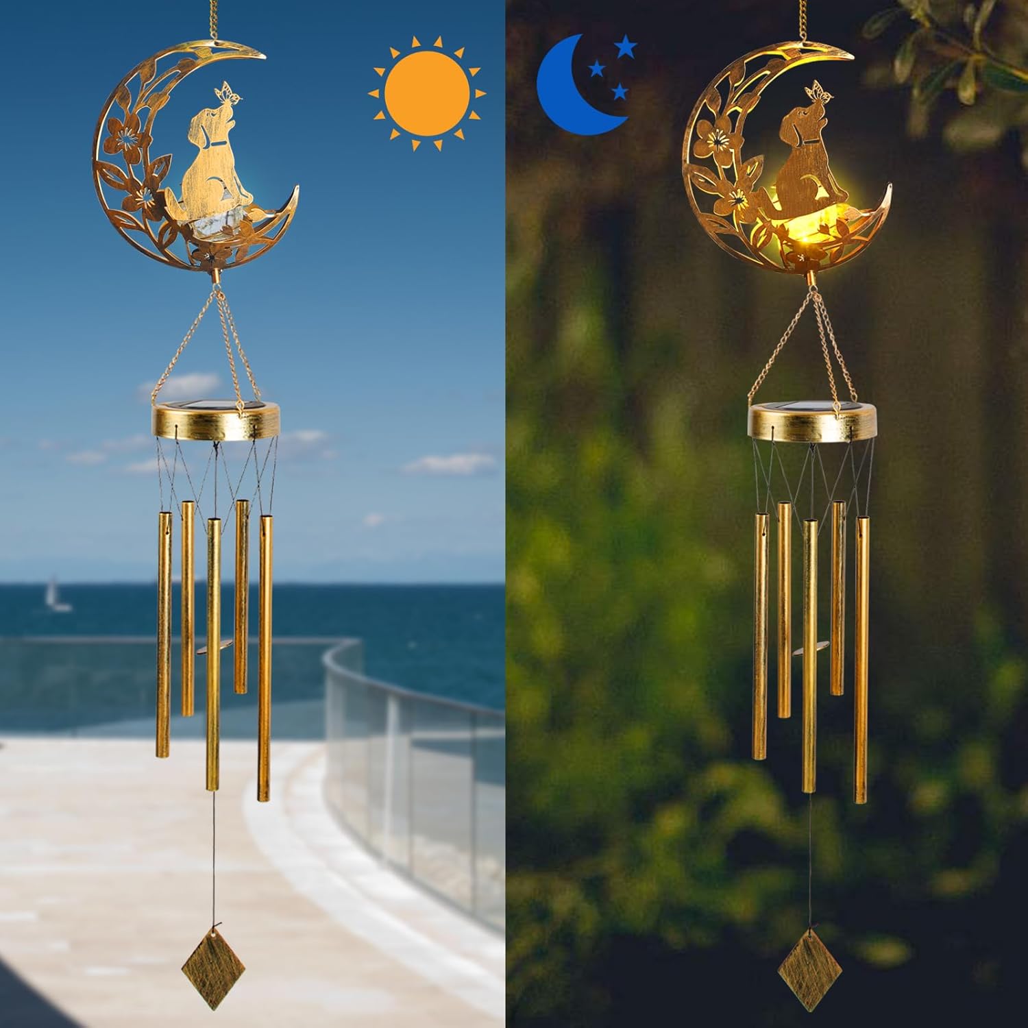 Moon Dog Wind Chime Outdoor, Handcrafted Metal Garden Wind Chimes with Dog & Moon Charms, Soothing Wind Bells for Patio Porch Decor, Weatherproof Gift for Lovers & Pet Owners