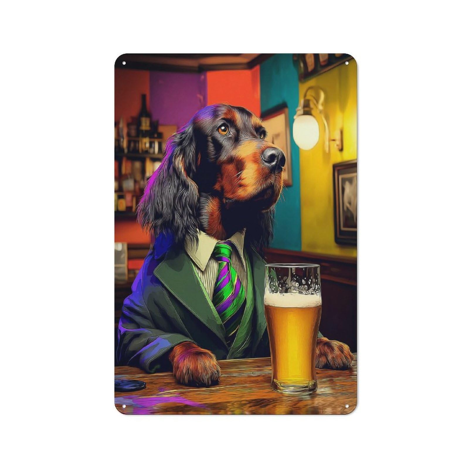 Dog in Suit Enjoying Beer at Bar -3 Old Style Metal Wall Decor 30x20cm, Decorative Tin Plaque for Cafe, Pub, Workshop Or Home Bar