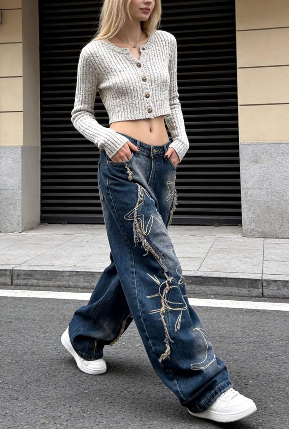 Unisex Y2K Graffiti Baggy Jeans – Vintage Wide Leg Oversized Streetwear Denim Pants with Star Heart Print - Image 4