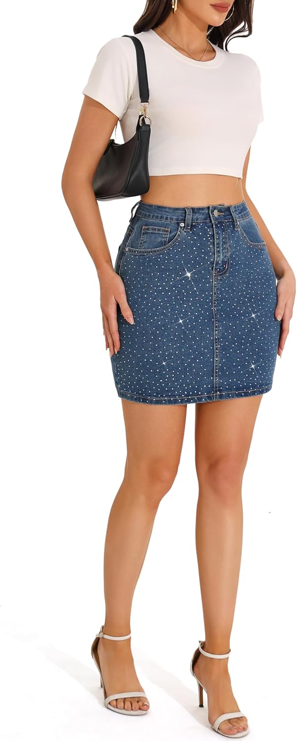 GUANYY Jean Skirts for Women Denim Sparkle Rhinestone Diamond High Waisted Stretch Mini Skirt - Image 5