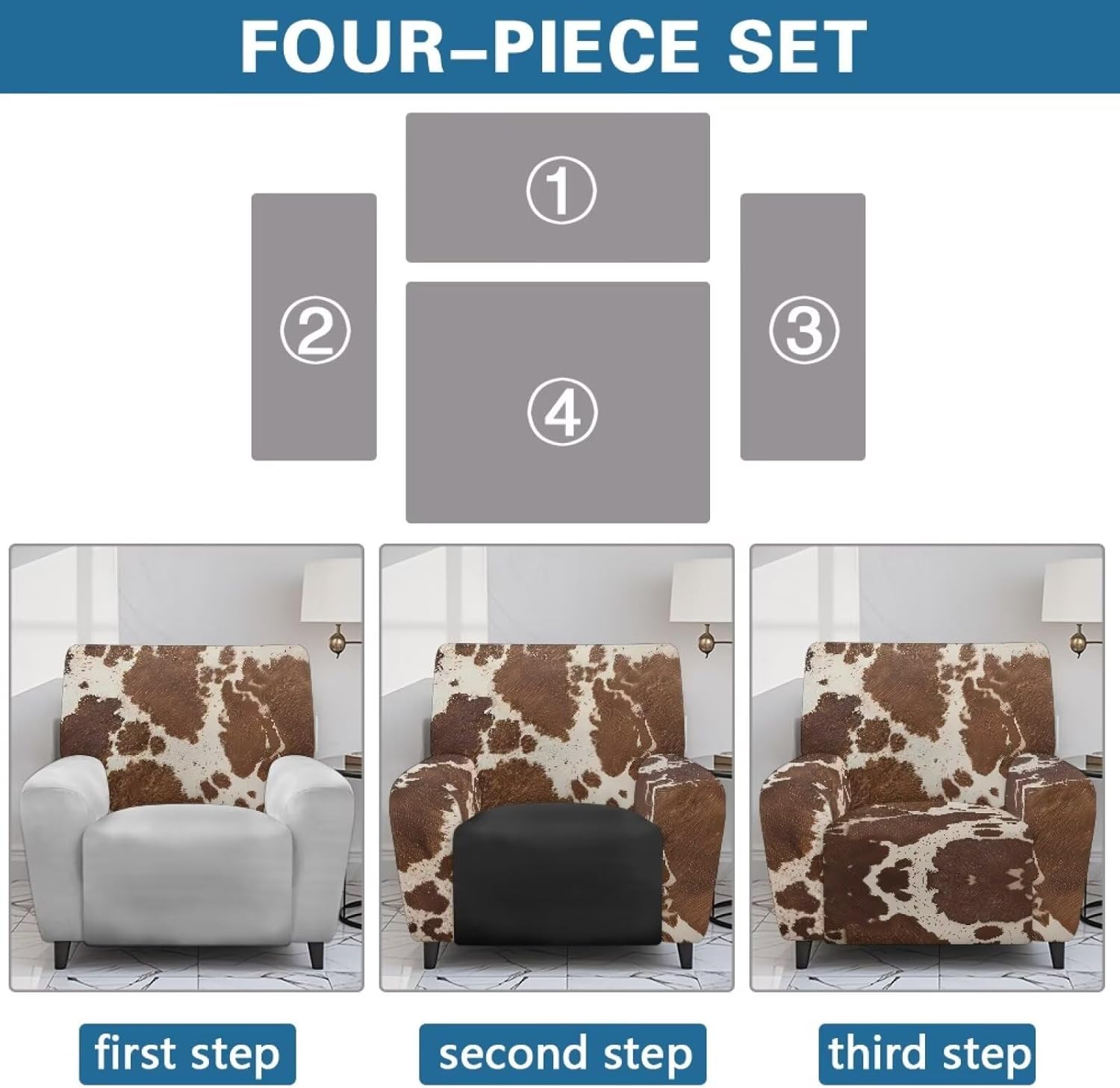 Brown Cow Print Recliner Cover 4-Pieces Lazy Boy Recliner Chair Covers Stretch Sofa Slipcover Couch Cover 1 Seat Soft Furniture Protector Covers with Elastic Bottom