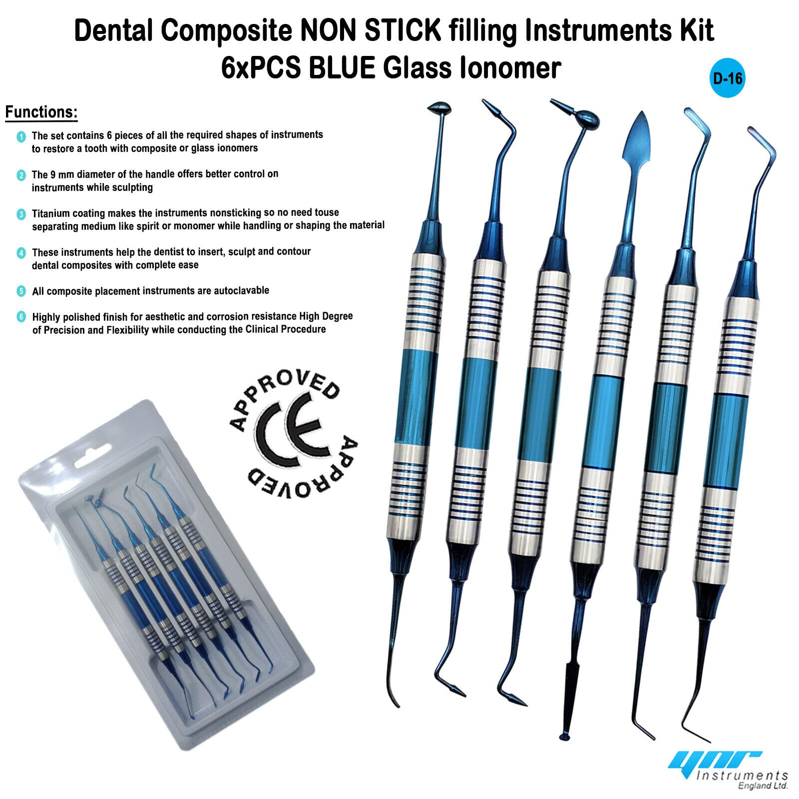 YNR Kit di 6 strumenti di posizionamento composito antiaderenti per rifornimento dentale, rivestimento in titanio, CE