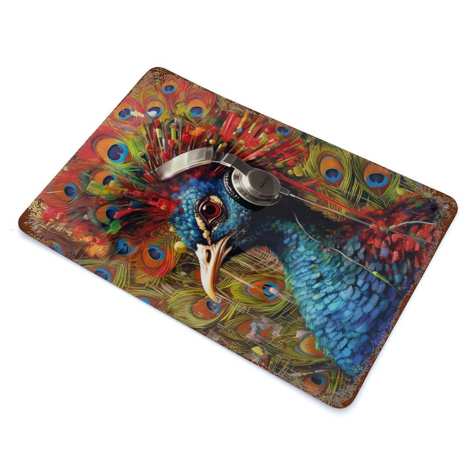 Peacock with Headphones Vintage Metal Tin Sign 11.8"x7.9", for Cafe, Home Bar And Lounge Decor, Vintage Wall Decor