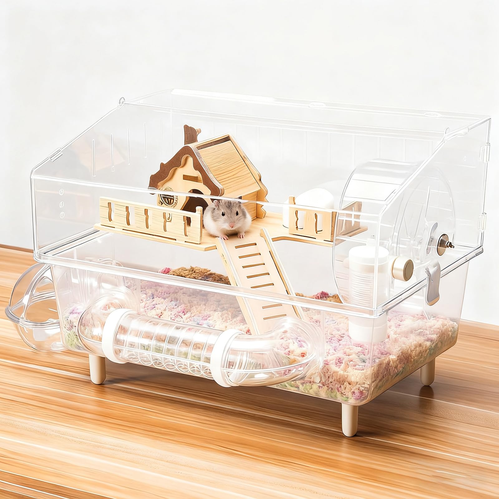 Hamster Cage 8 in 1 with All Accessories, Acrylic Hamster Cages with Full Transparent Viewing, Excellent Ventilation, Castle Habitat, Dwarf Hamster Cage Suitable for Gerbil, Mice, Other Small Animals