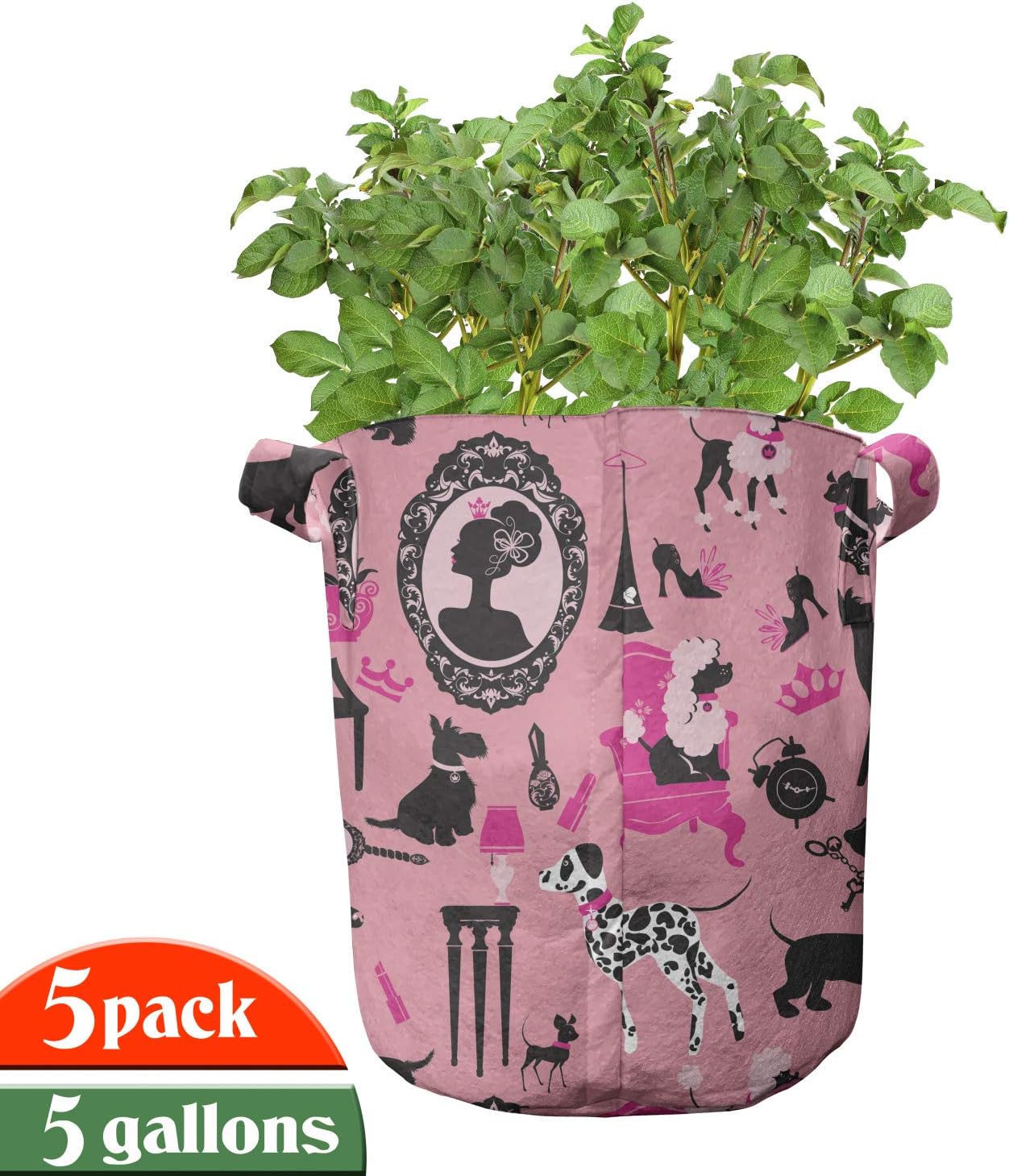 Lunarable Feminine Grow Bags 5-Pack, Girly Pattern with Dogs, Heavyduty Fabric Pots with Handles for Plants, 5 Gallon, Pastel Pink Hot Pink