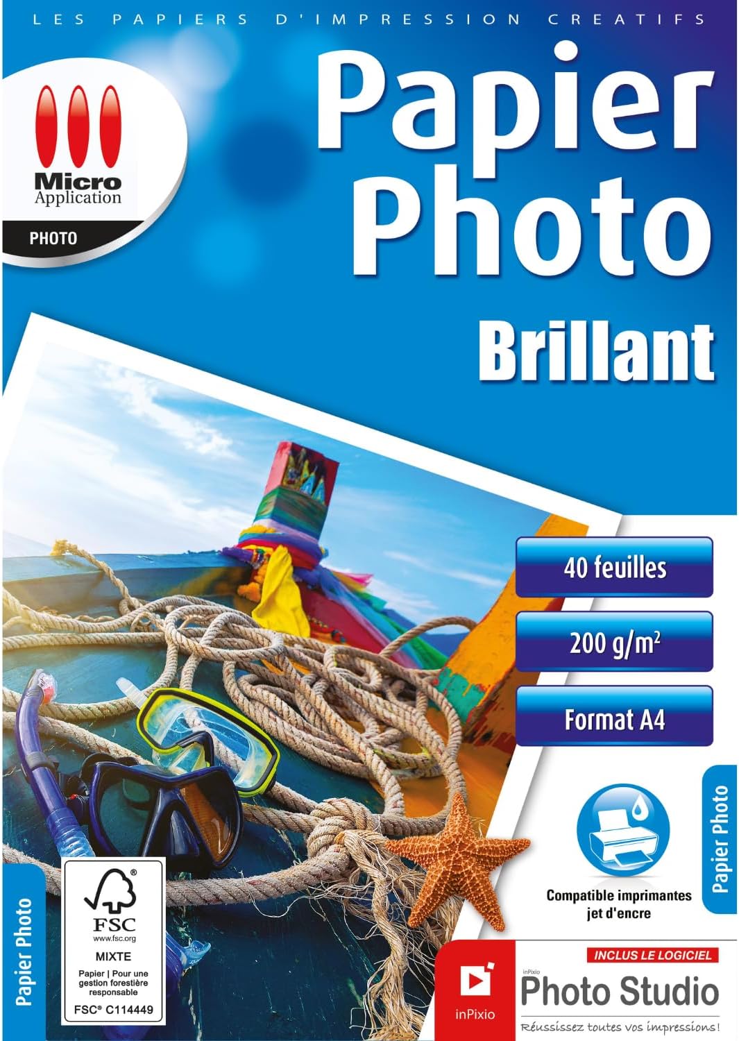 Micro Application - Glossy finish photo paper - A4 size - Economy pack - 200g/m² weight - 40 sheets - FSC certified paper - Zero plastic packaging