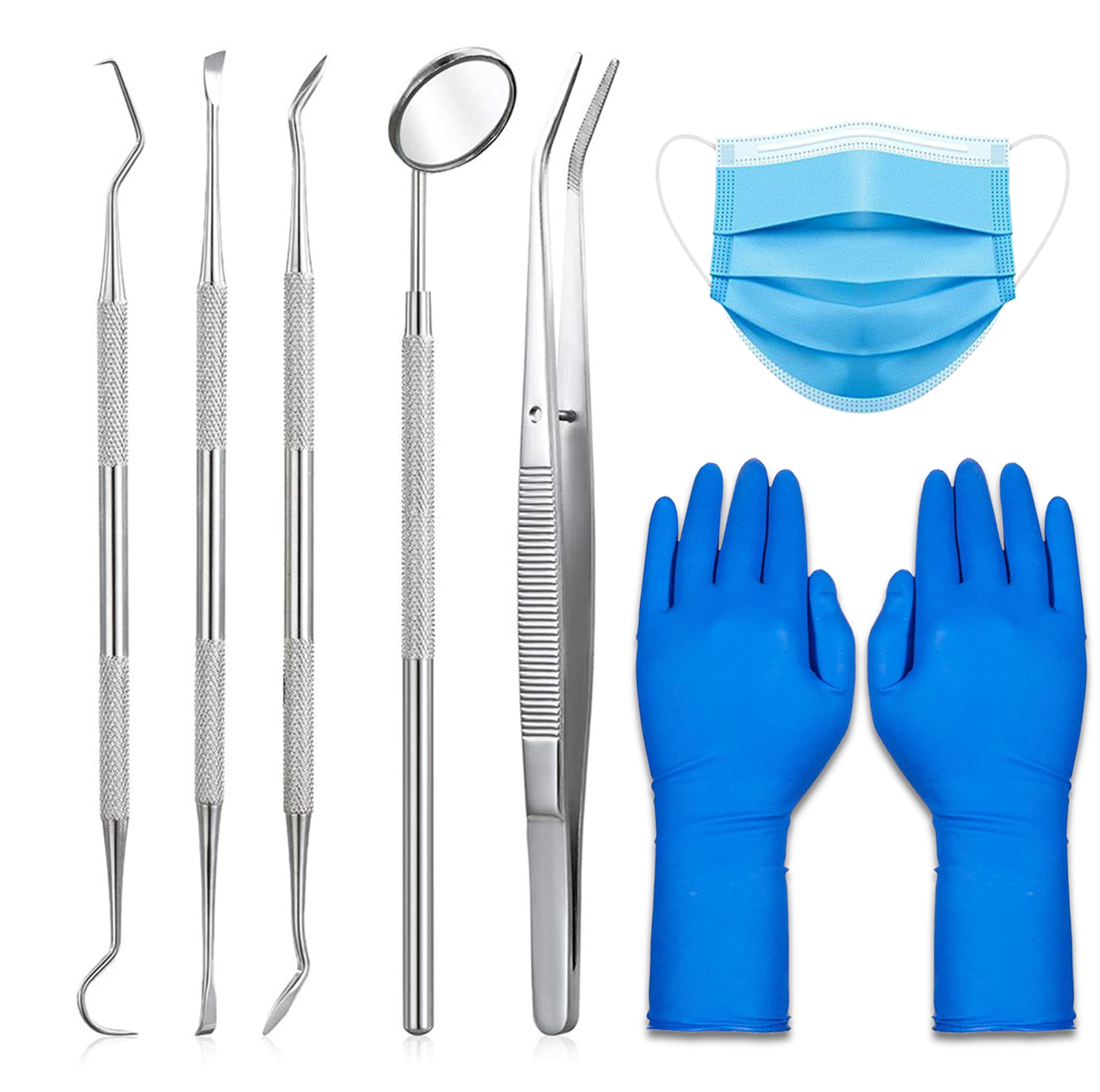 7pcs dental kit with case, stainless steel teeth cleaning tools | plaque remover, dental mirror included, tweezers & probe, oral care set, professional grade