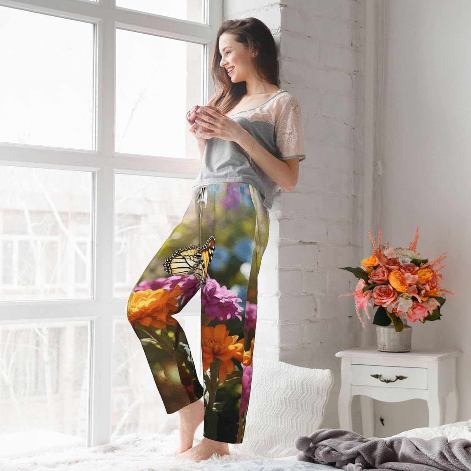 Vivid Colorful Garden Print Fashion Cozy Womens Flannel Pajama Pants,Perfect For Christmas And Everyday Wear