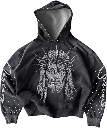 VIPWOLF Mens Y2K Hoodies Pullover Sparkly Rhinestone Drawstring Hip Hop Streetwear Hooded Sweatshirts