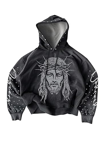 Men's Y2K Hoodies Pullover Sparkly Rhinestone Drawstring Hip Hop Streetwear
