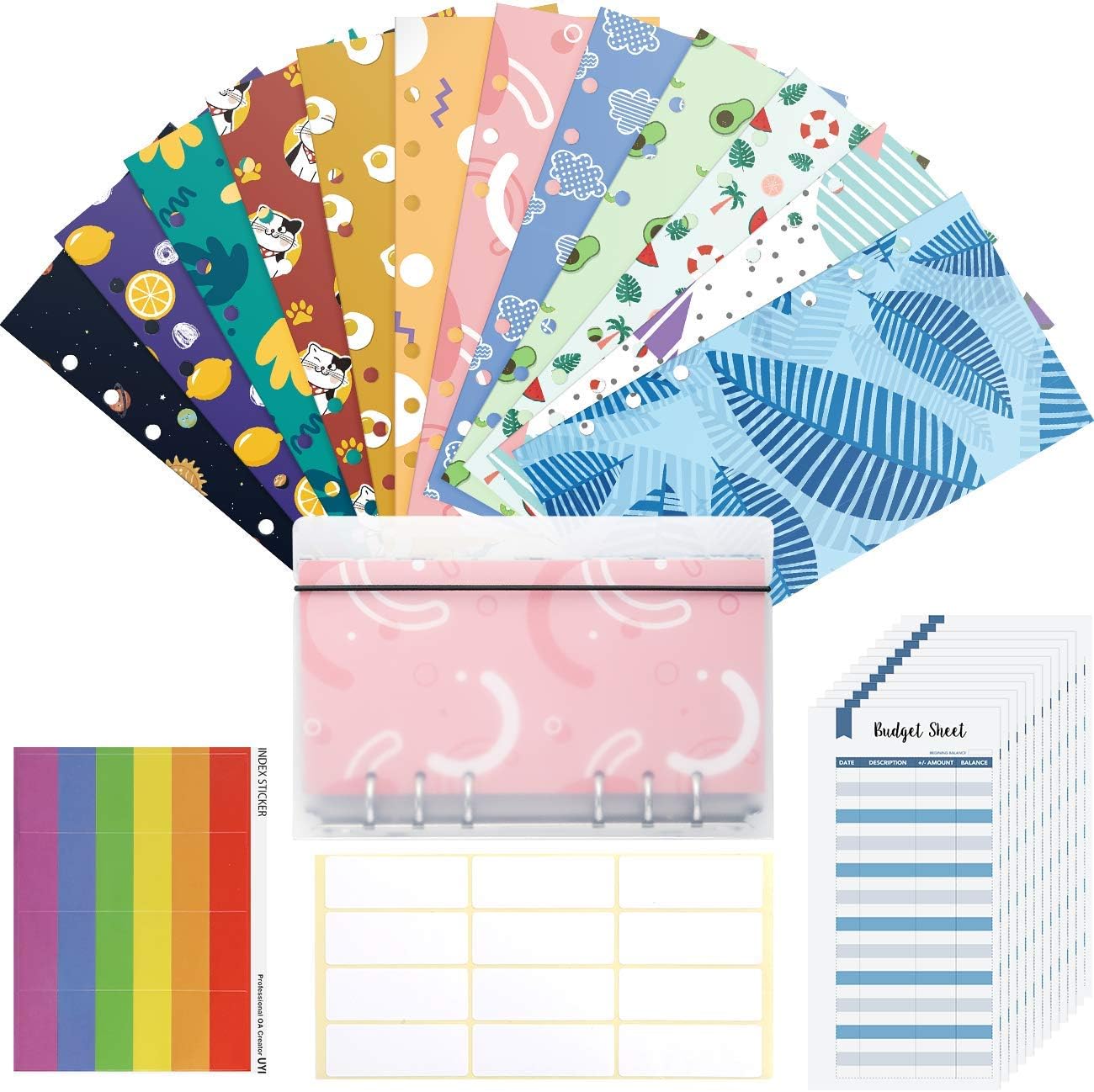 Cash Envelope System, Hommie All-in-One Cash Envelop Wallet with 12 Waterproof Money Budget Envelopes, 24 Blank Labels, 24 Rainbow Labels, and 1 Binder Note