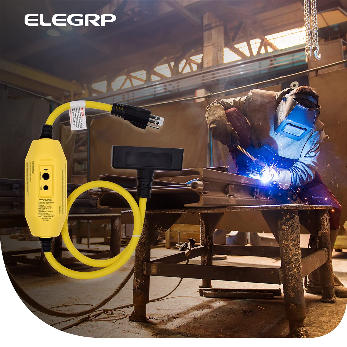 ELEGRP 15 Amp Auto Reset Inline GFCI Extension Cord 2-ft 12/3 SJTW Heavy Duty Yellow Cable 3 Wires 3-Prongs Grounded Plug with 3 Electrical Power Outlets, Indoor and Outdoor Christmas Light, UL Listed