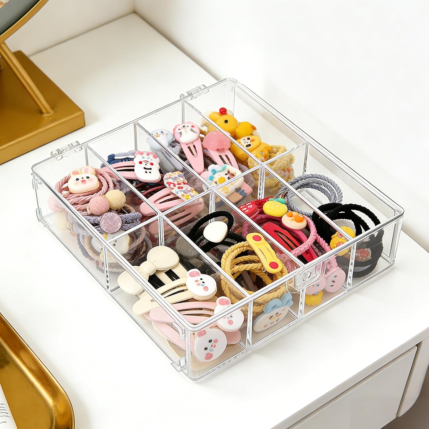 FMOACEN Acrylic Hair Accessories Organizer for Girls, 8-Compartment Clear Storage Box with Lid, cute hair tie holder for Hair Bows, Clips, Scrunchies, Bathroom Vanity & Bedroom Countertop