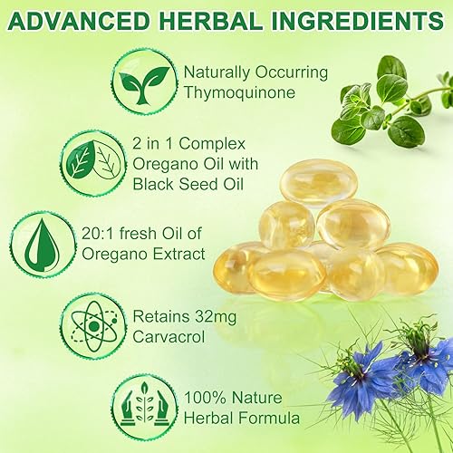 Miniatura 5 de Cápsulas de aceite de orégano orgánico, 6000 mg de aceite de orégano con suplemento de aceite de semilla negra, extracto de aceite de orégano