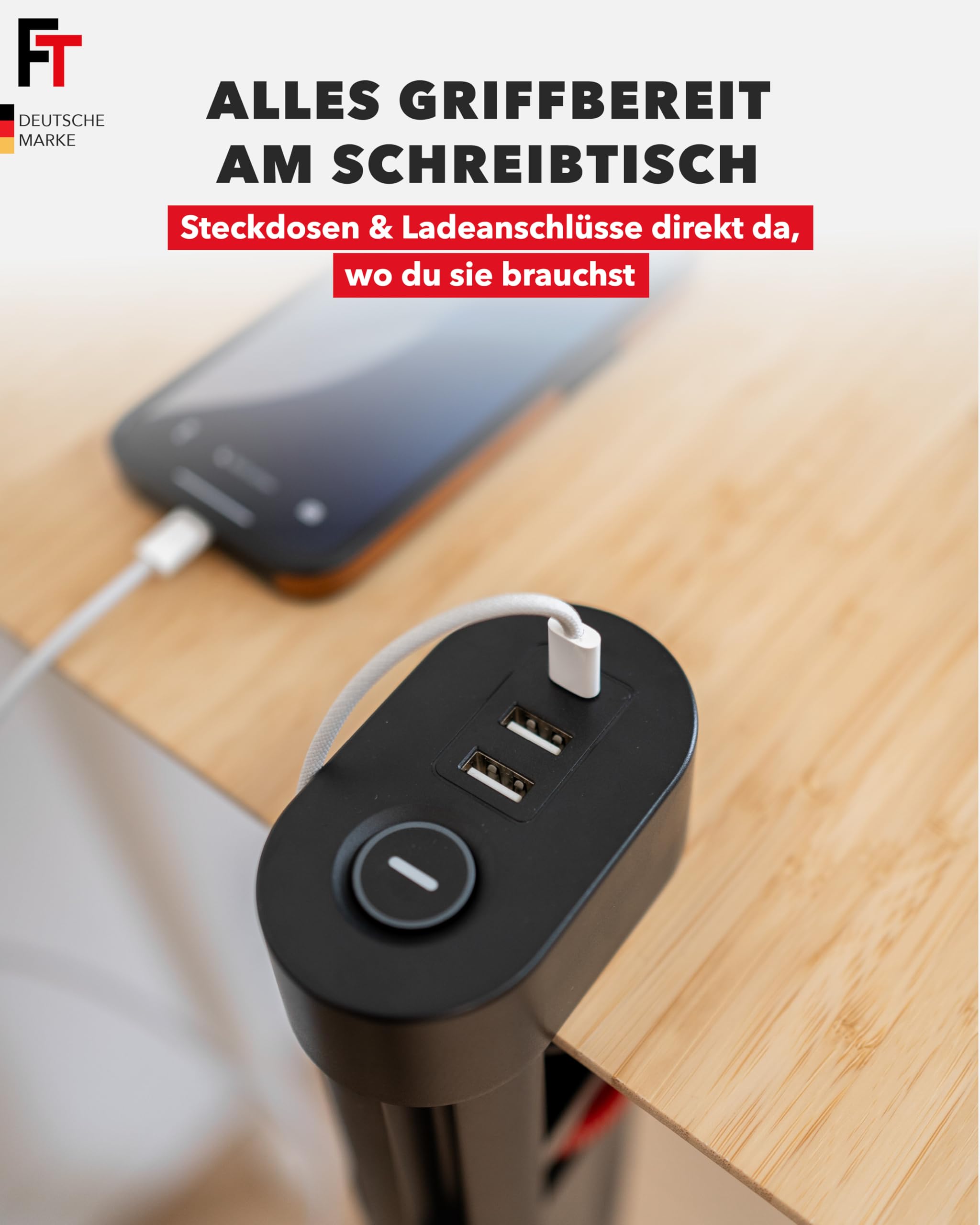 FeinTech MD833 Tischsteckdose klemmbar 3 Fach Steckdose mit 2X USB und 1x USB-C PD (20W), Steckdosenleiste Schreibtisch mit Schalter, 3m Kabel, schwarz