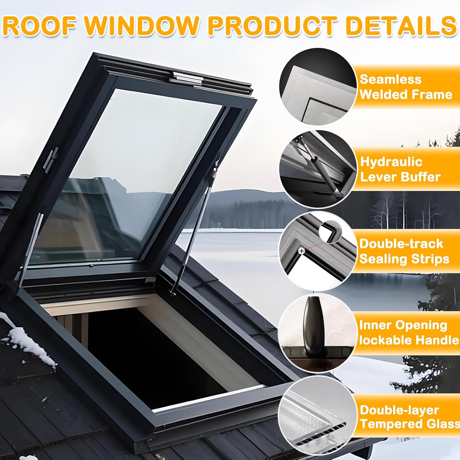 21.7x21.7in Skylight House Roof Window, Sloped Flat Roof Lighting Well Window for Indoor Attic, Good Ventilation, UV, Sound Insulation, for Basement, Attic, Shed House, Brown
