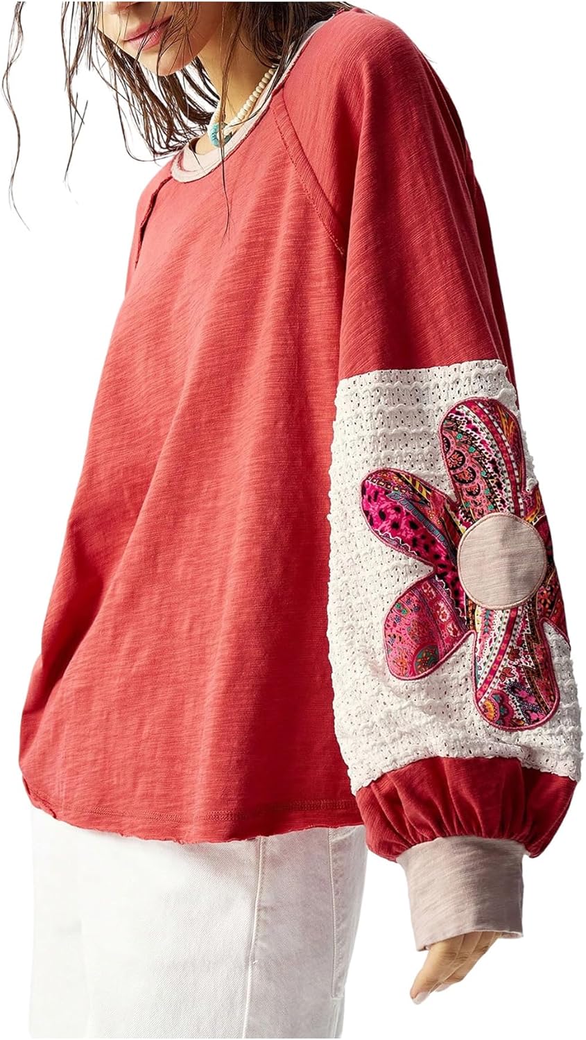 Women's Oversized Sweatshirt Boho Tops Patchwork Crewneck Sweatshirt Floral Long Sleeve Pullover Tops