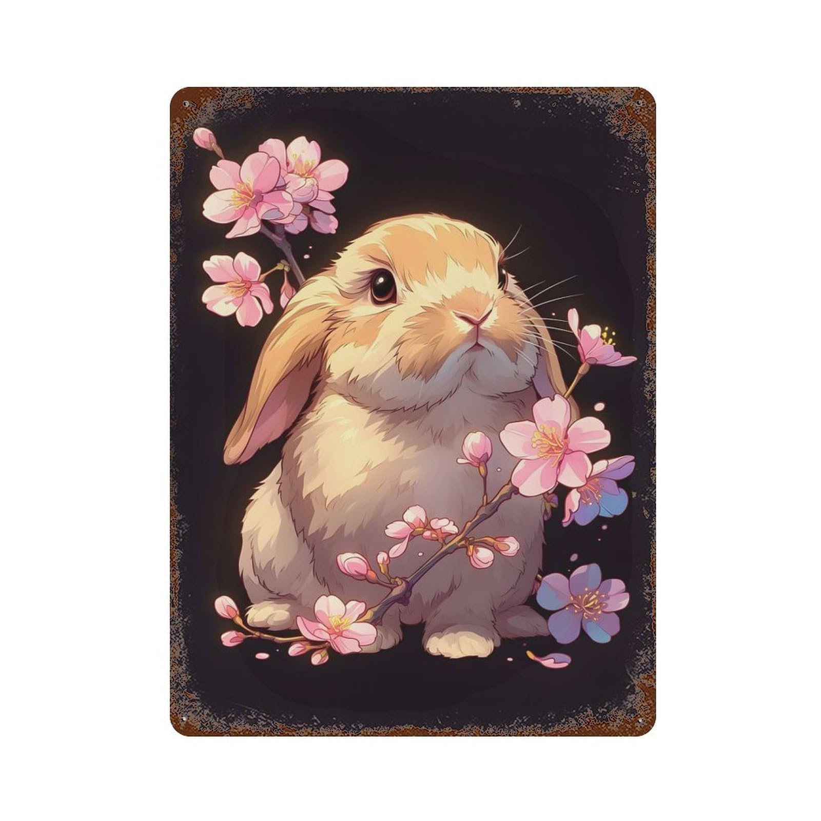 Retro Metal Sign Cute Bunny with Cherry Blossoms 15.7"x11.8", Retro Wall Decor for Living Room, Hallway And Home Decor