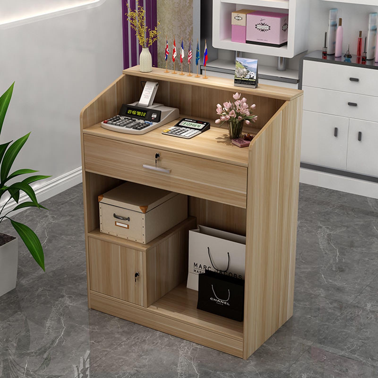 Moderno bancone per vendita al dettaglio con cassetto bloccabile, piccolo banco reception per ufficio, atrio, bellezza, reception, contatore con cassetto di sicurezza