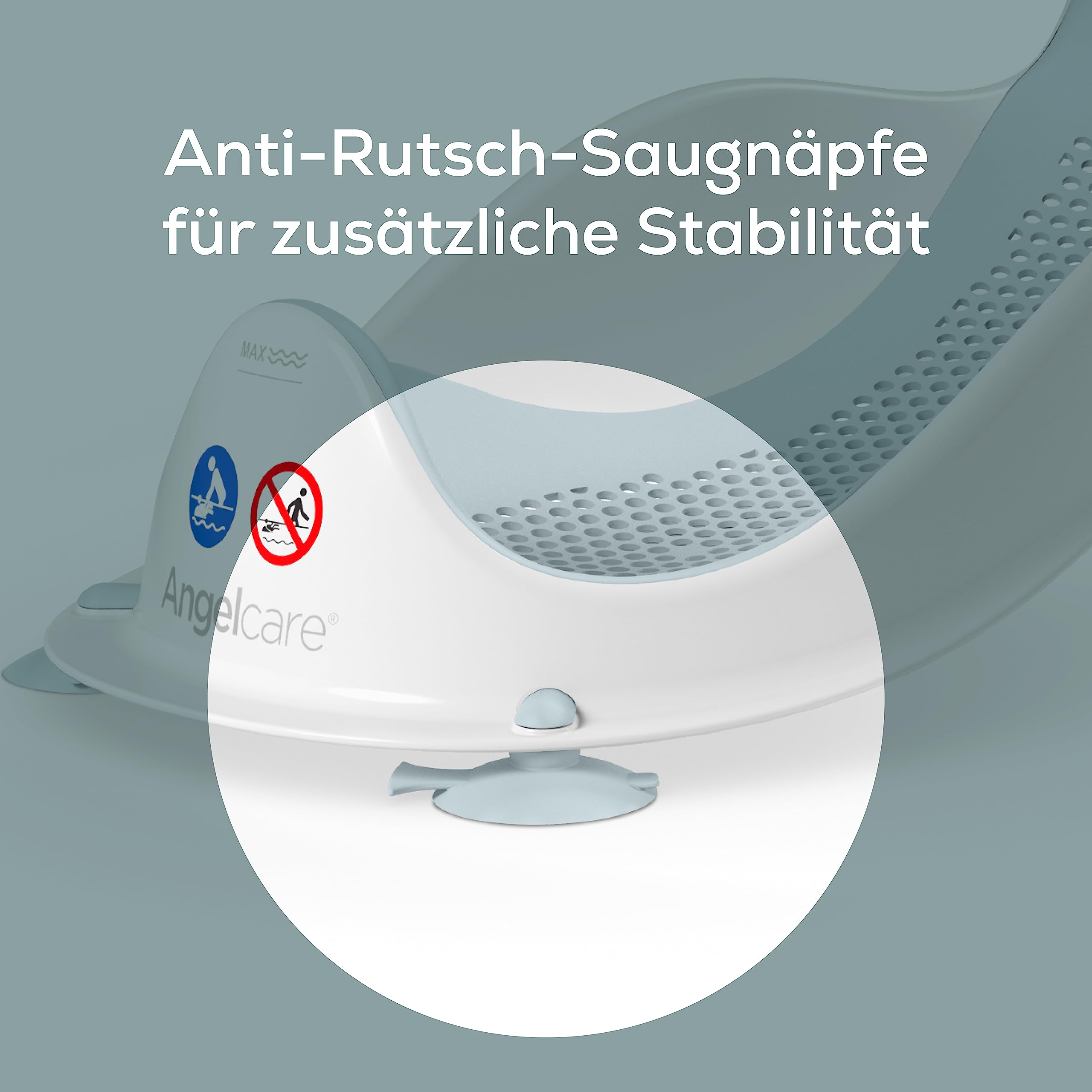 Angelcare Asiento de baño ergonómico para la bañera de bebé Light Aqua, superficie agradable y suave, se puede colgar