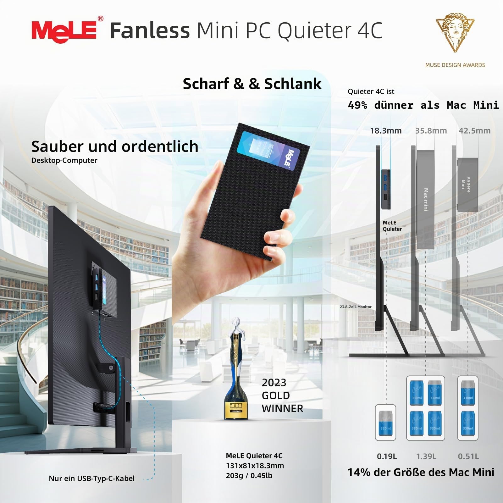 MeLE Quieter 4C Mini-PC, N150 16GB 512GB, with Windows 11 Pro 4K HDMI USBC | N150 bis zu 3.6GHz, 16GB Arbeitsspeicher, 512GB Speicher with Windows 11 Pro, Wi-Fi 5, USB-C multi-function, triple 4K dis...